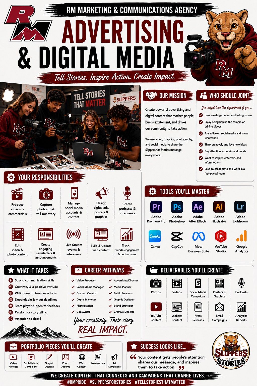Advertising & Digital Media department poster — telling stories through video, social, photography, and podcasts.