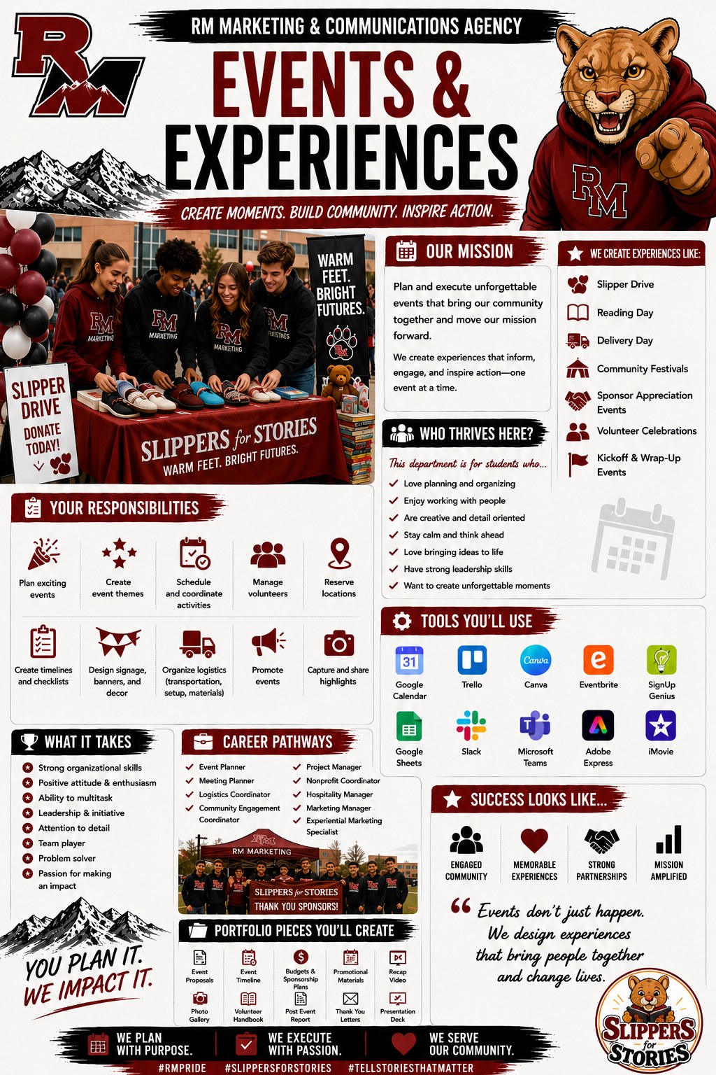 Events & Experiences department poster — planning and executing unforgettable community events.