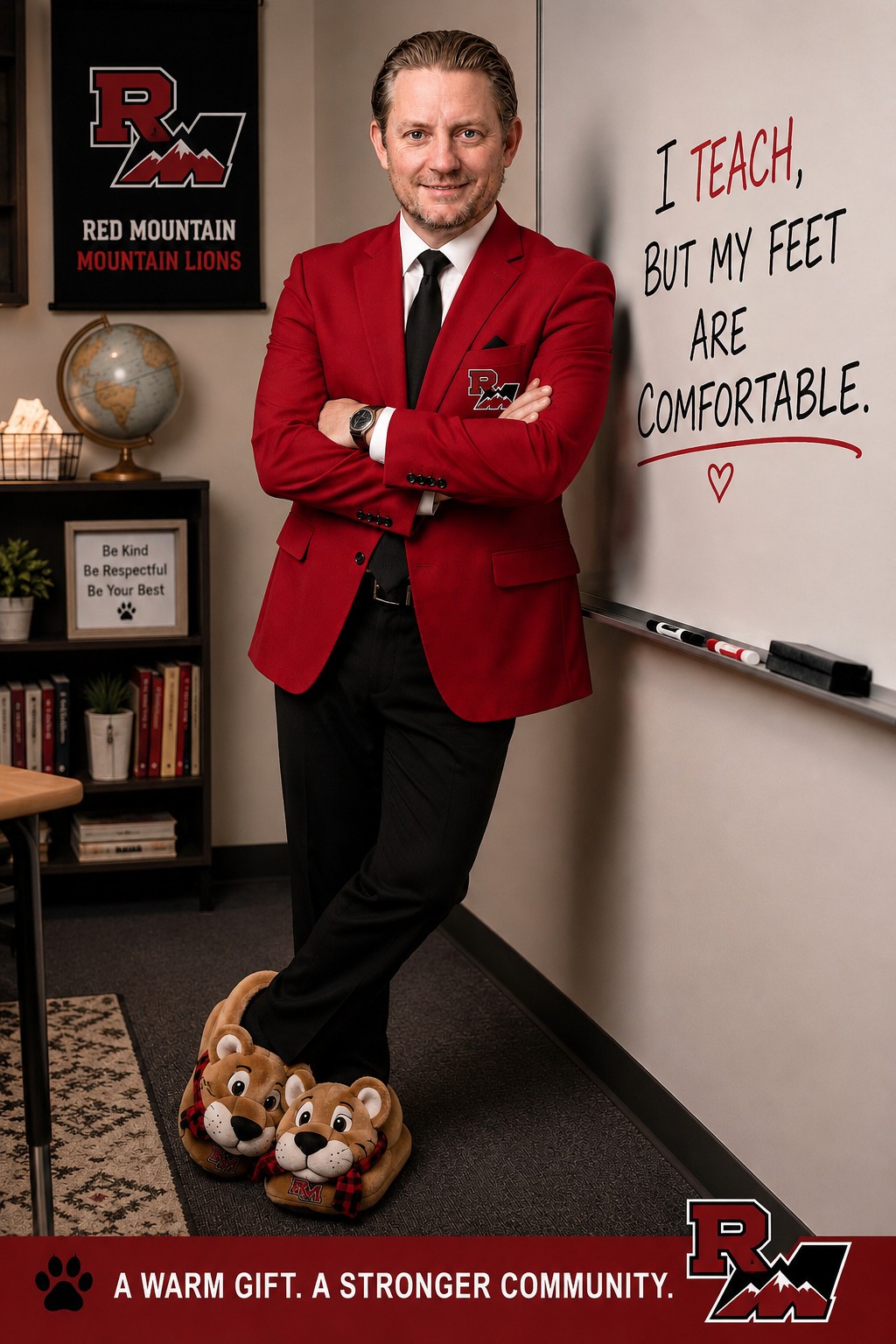 Dr. Matthew Lewis, PsyD in his classroom — RM Mountain Lions banner, red blazer, Mountain Lion character slippers on his feet. Whiteboard: I teach, but my feet are comfortable.