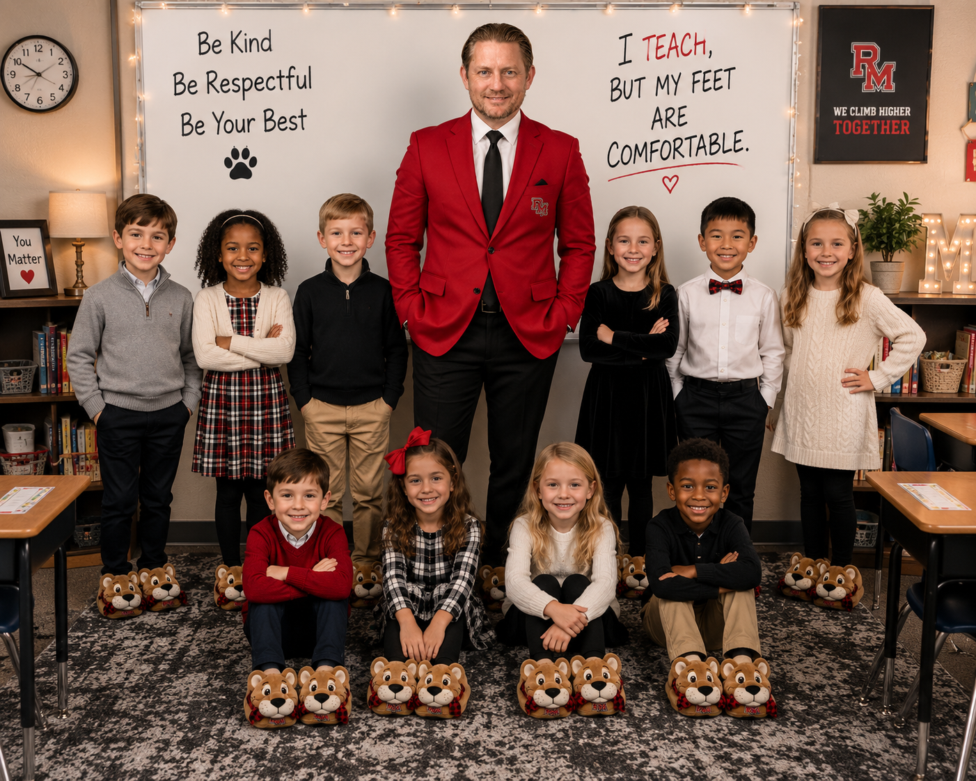 Dr. Lewis with elementary students who received Slippers for Stories, all wearing Mountain Lion slippers.