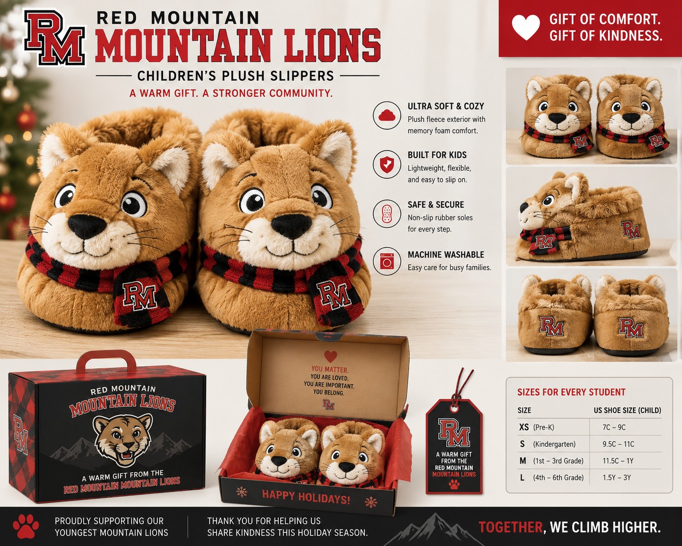 RM Mountain Lion character slipper mockup — plush character shoe with mountain lion face, RM branding, and cream/paper background.