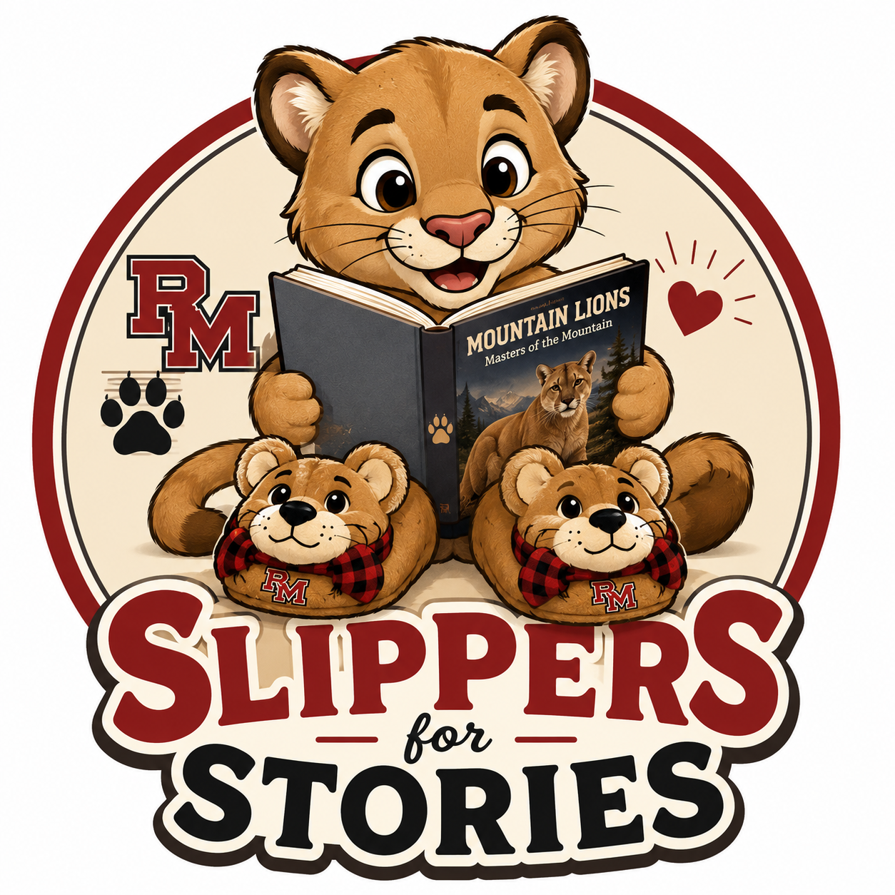 Slippers for Stories official logo — RM Mountain Lion cub reading Mountain Lions: Masters of the Mountain, with plush character slippers below.